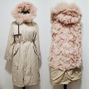 NewReal Fox Fur-Lined Parka Coat Fox Puffer Jacket Beige Cream WhitePink Raccoon